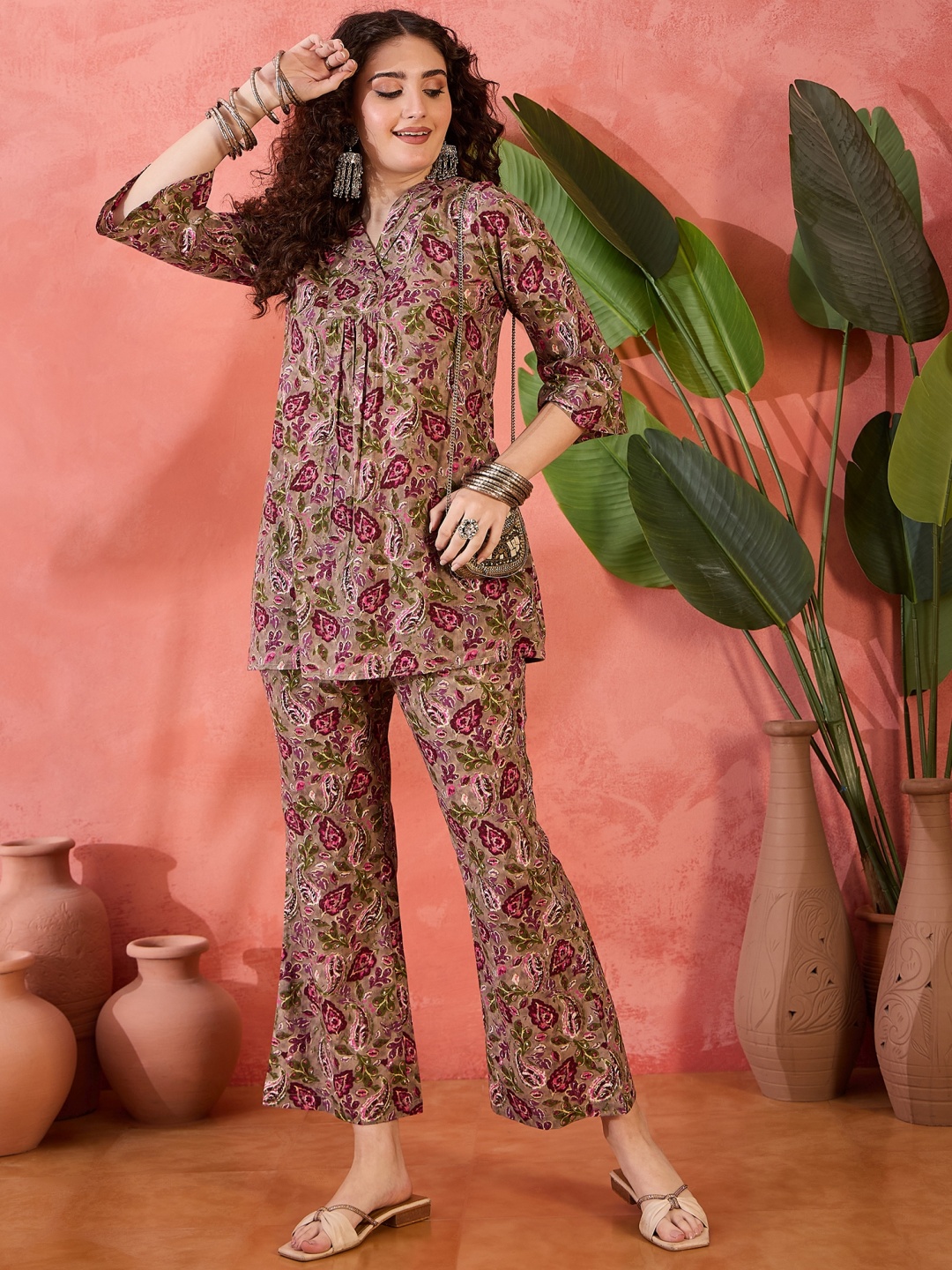 

Sangria Printed Cotton Tunic With Trousers Co-ords, Brown