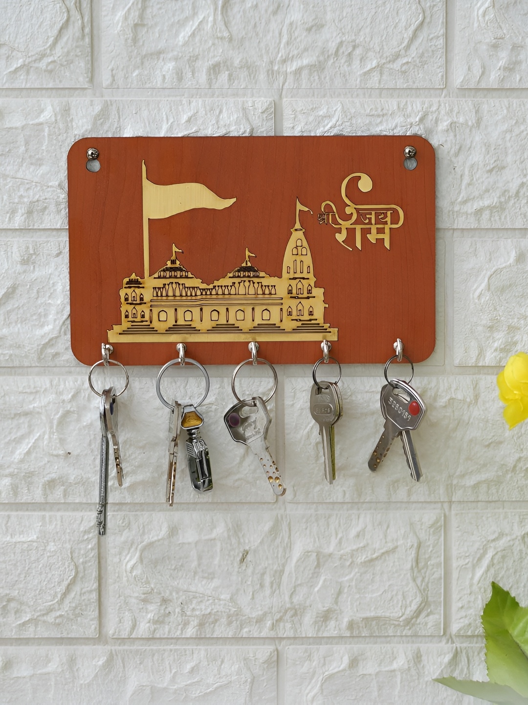

Webelkart Orange-Coloured Ram Mandir Ayodhya Wooden 6 Hooks Key Holders