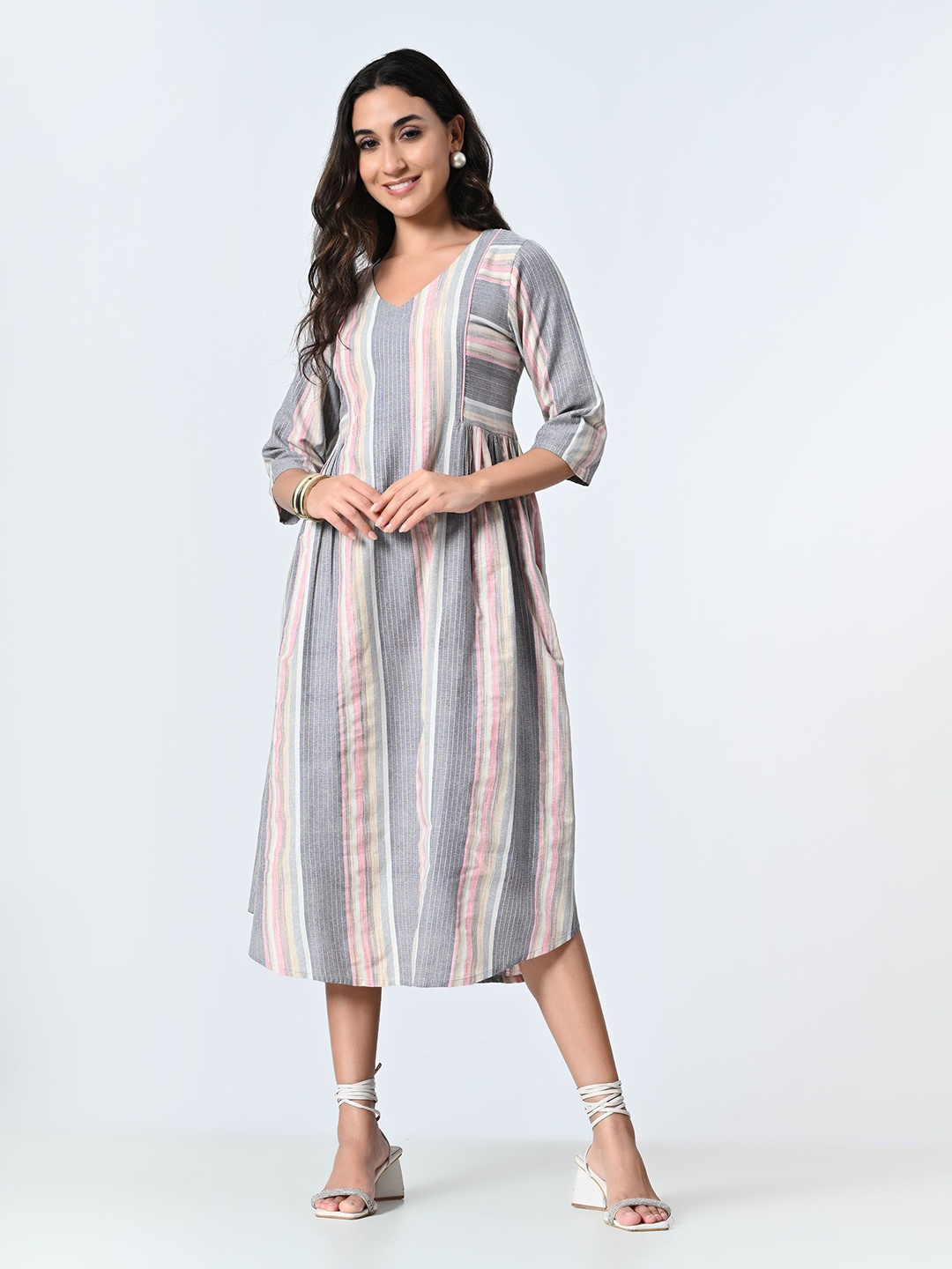 

AMBI Striped A-Line Midi Dress, Grey