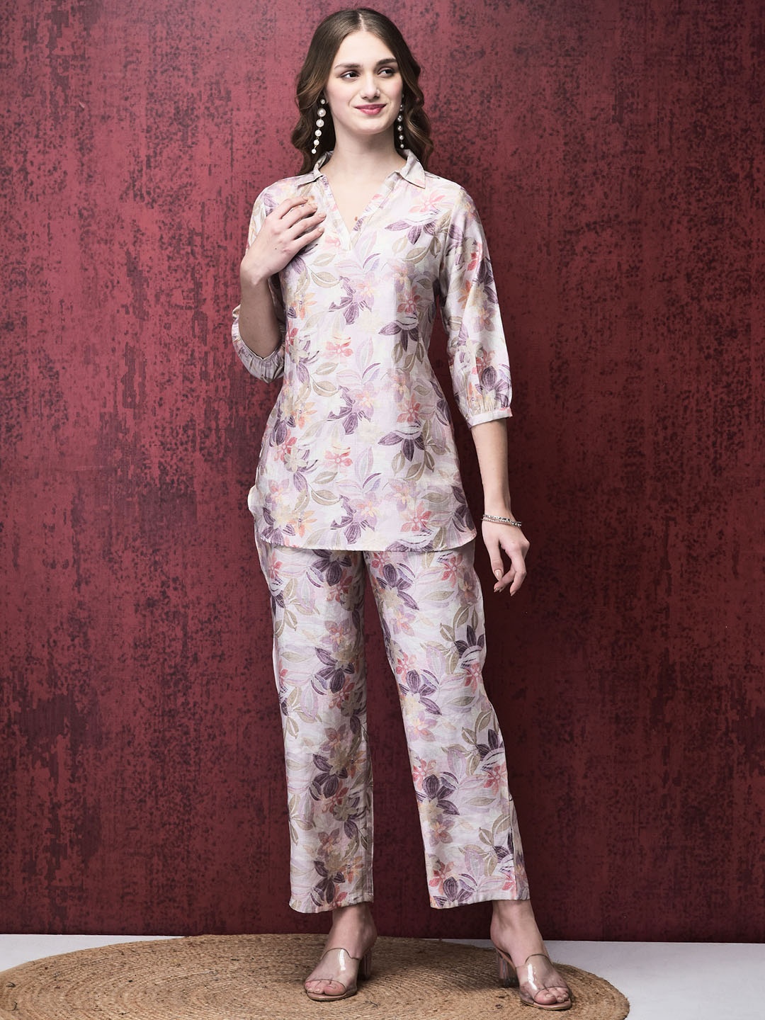 

Shree Floral Printed Shirt Collar Khadi Silk Tunic With Trousers, Lavender