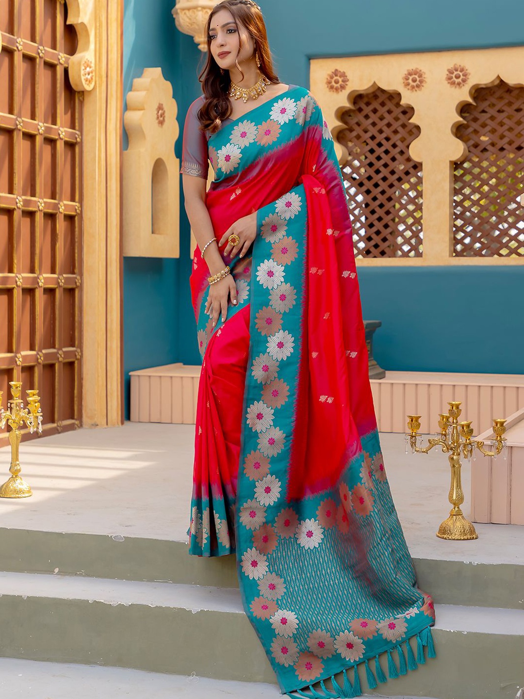 

Mitera Woven Design Zari Silk Blend Designer Saree, Red