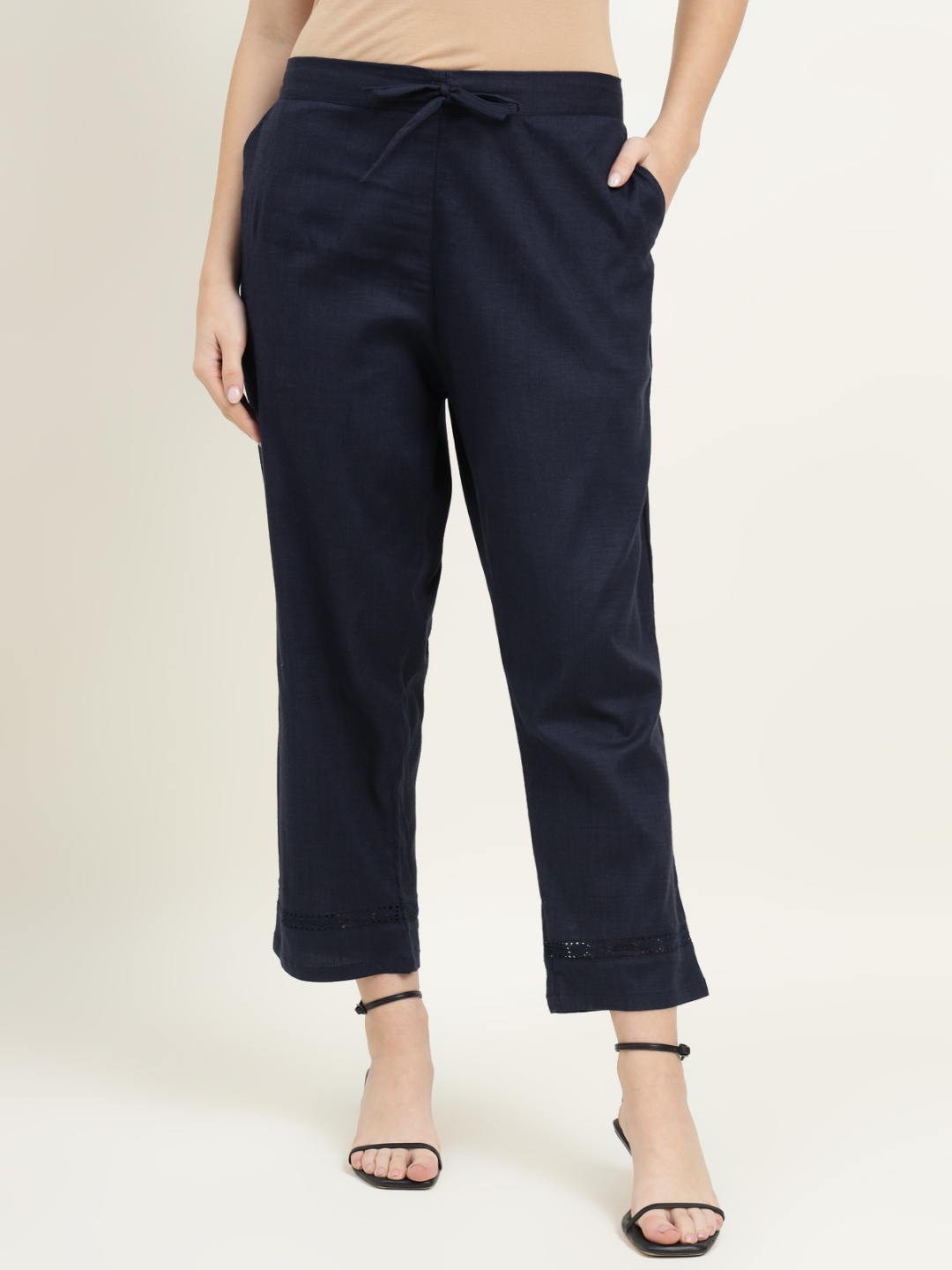 

ZARI Women Zari Jaipur Cotton Viscose With Single Lace Trousers, Blue