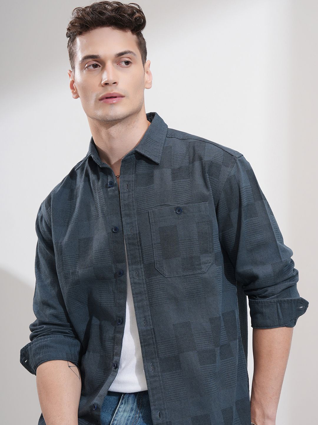 

HIGHLANDER Men Opaque Checked Casual Shirt, Blue