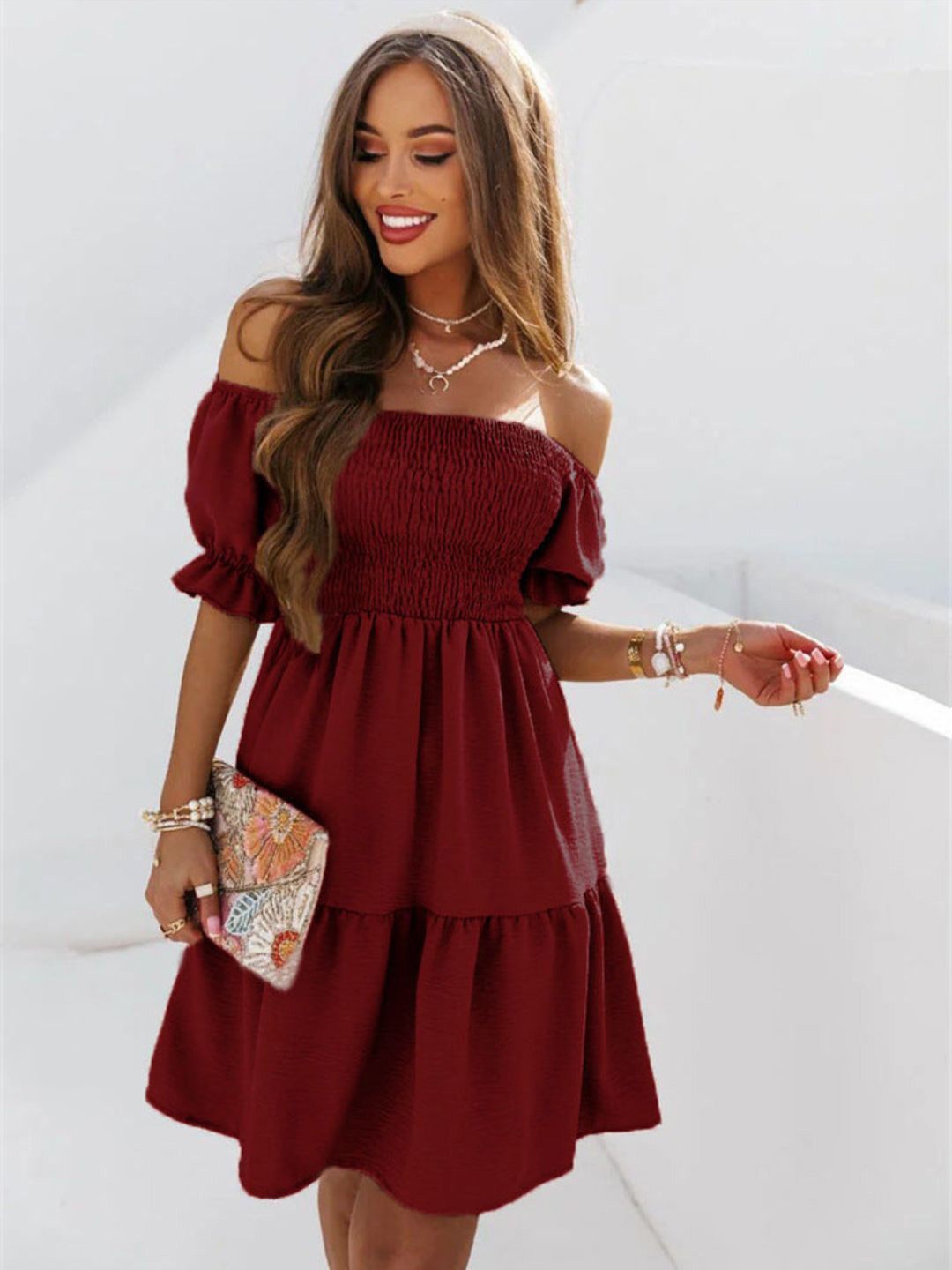 

DressBerry Off-Shoulder Puff Sleeve Fit & Flare Dress, Maroon