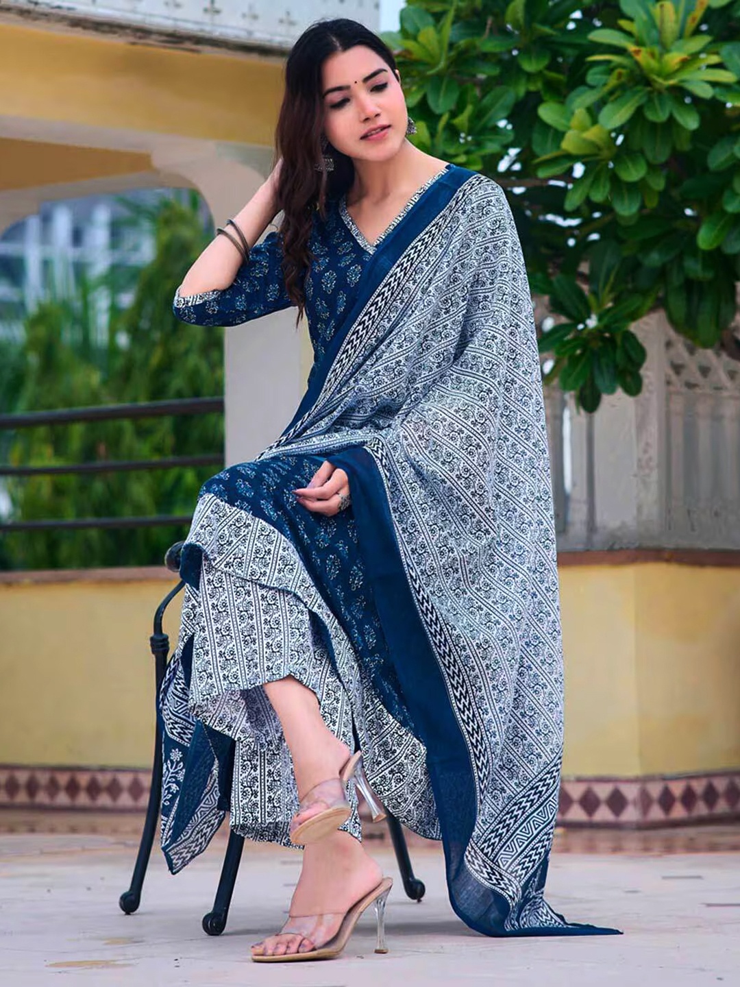 

Moda Rapido Women Ethnic Motifs Printed Angrakha Kurta with Trousers & With Dupatta, Blue