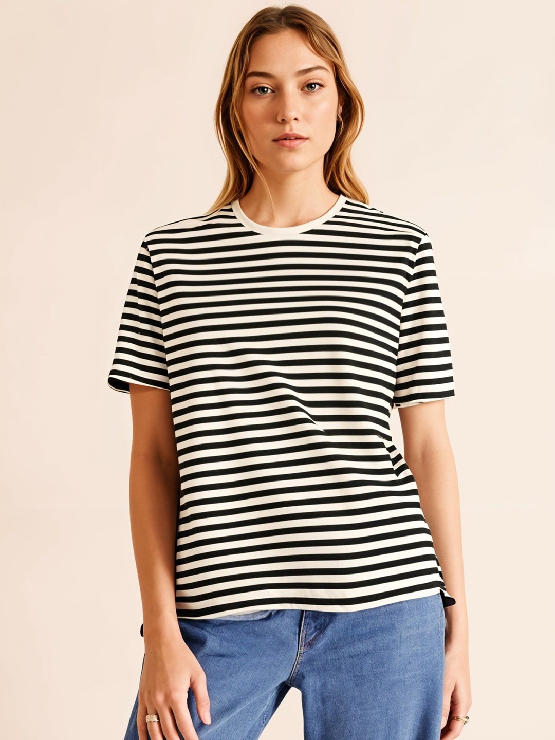 

DressBerry Women Striped Drop-Shoulder Sleeves Pockets T-shirt, Black
