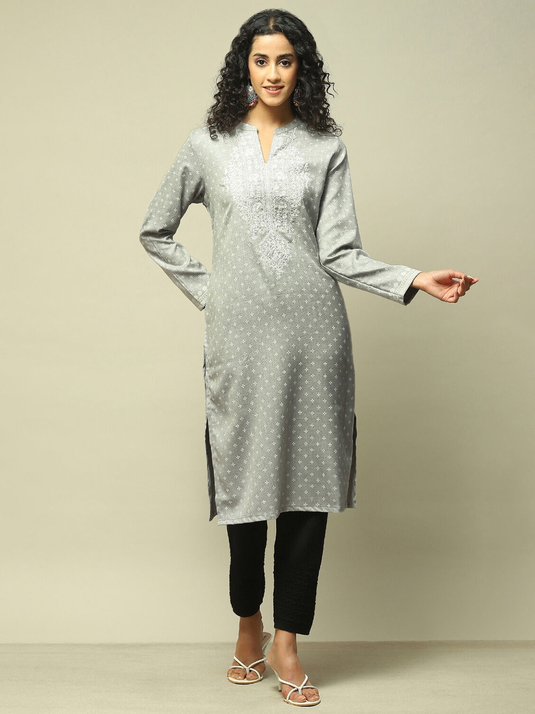 

Rangriti Floral Woven Design Zari Work Mandarin Collar Straight Kurta, Grey