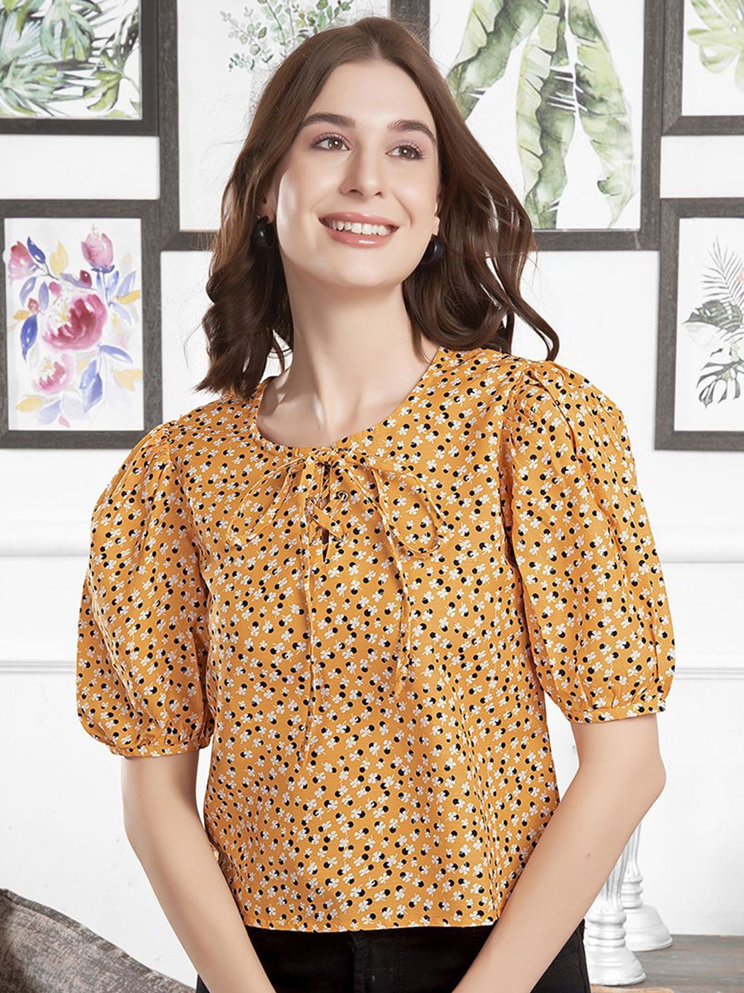 

Moda Rapido Floral Print Puff Sleeve Top, Mustard