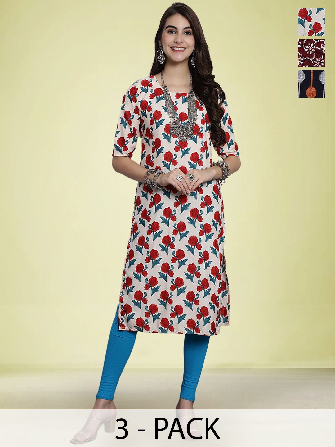 

Moda Rapido Selection Of 3 Floral Printed Round Neck Straight Kurtas, Cream