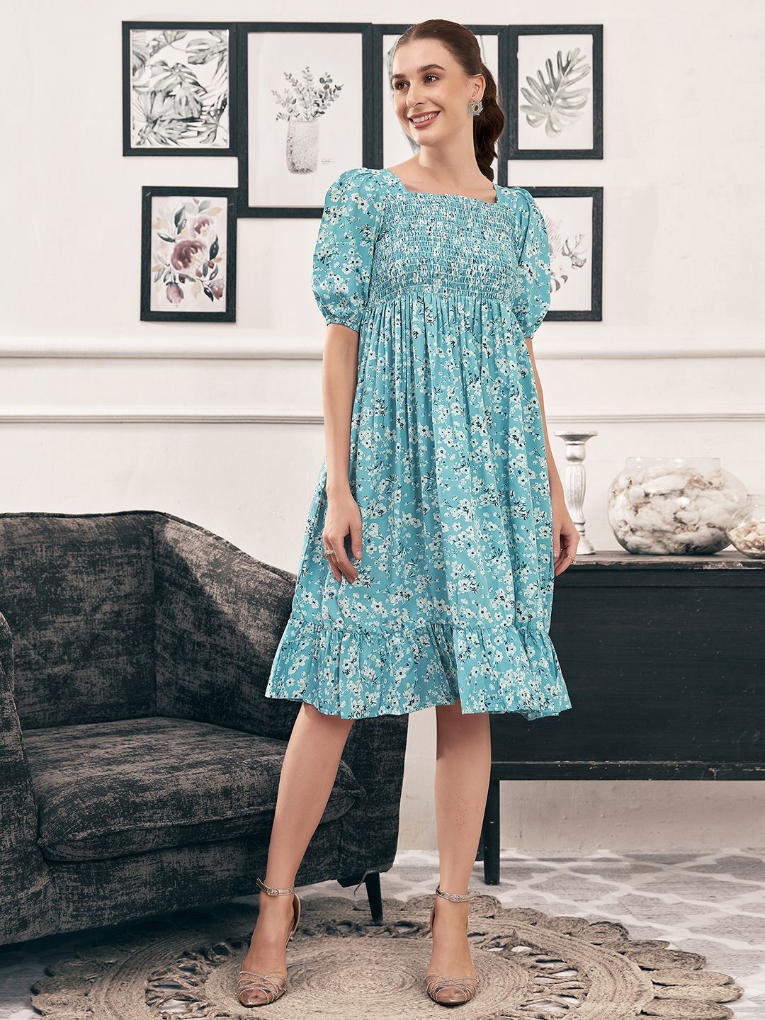 

Moda Rapido Floral Print Puff Sleeve Fit & Flare Midi Dress, Blue