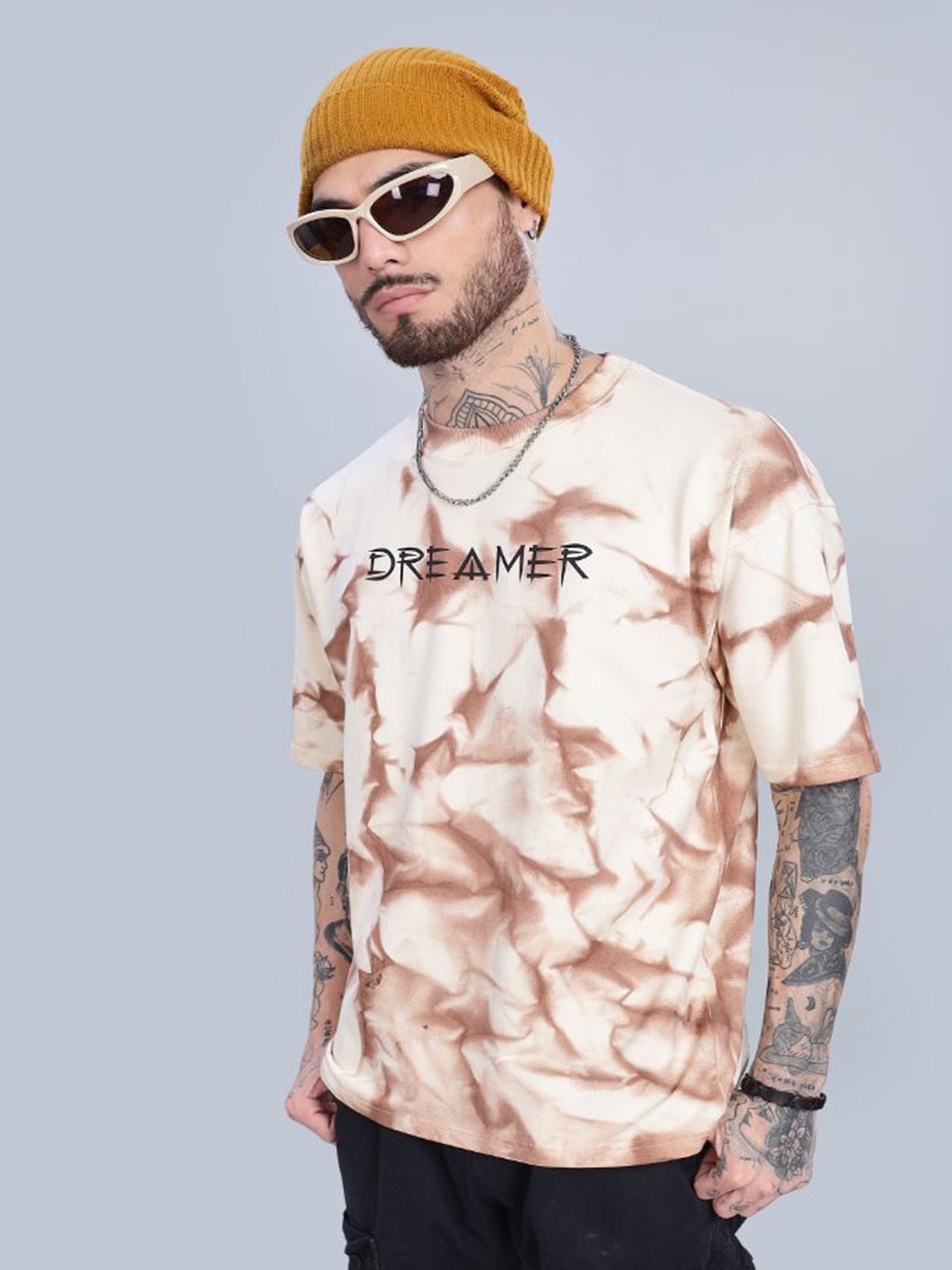 

PAUL STREET Men Tie and Dye Dyed Bio Finish Boxy T-shirt, Cream