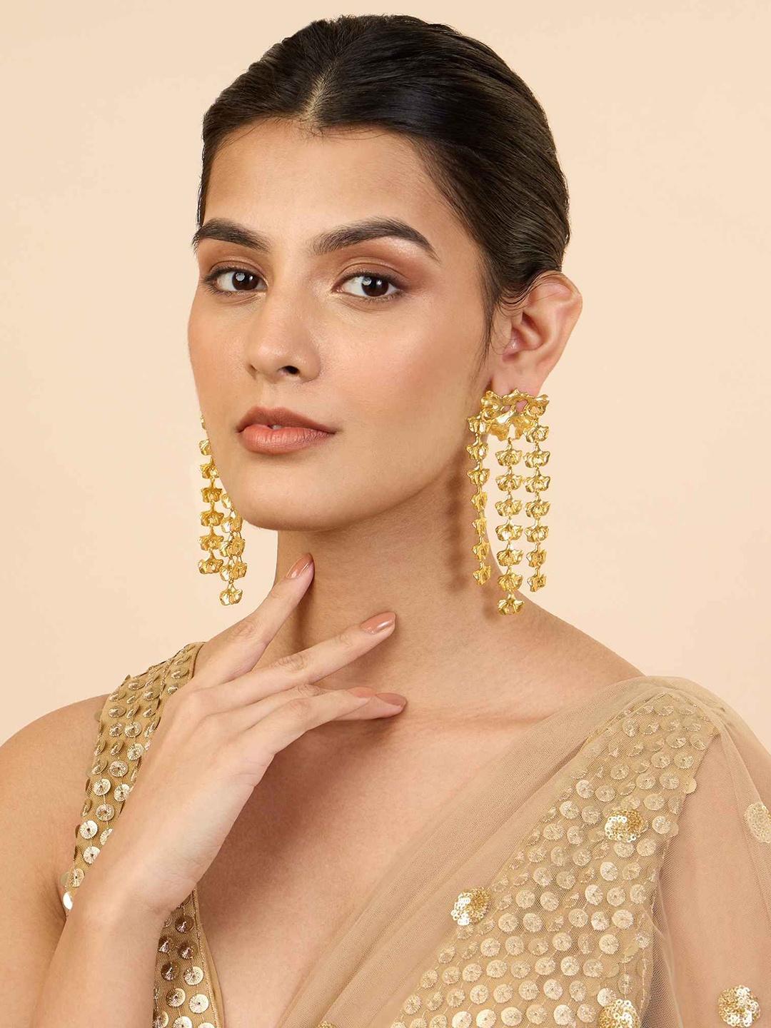 

MNSH Brass-Plated Contemporary Shaped Gulabo Lotus Drop Earrings, Gold
