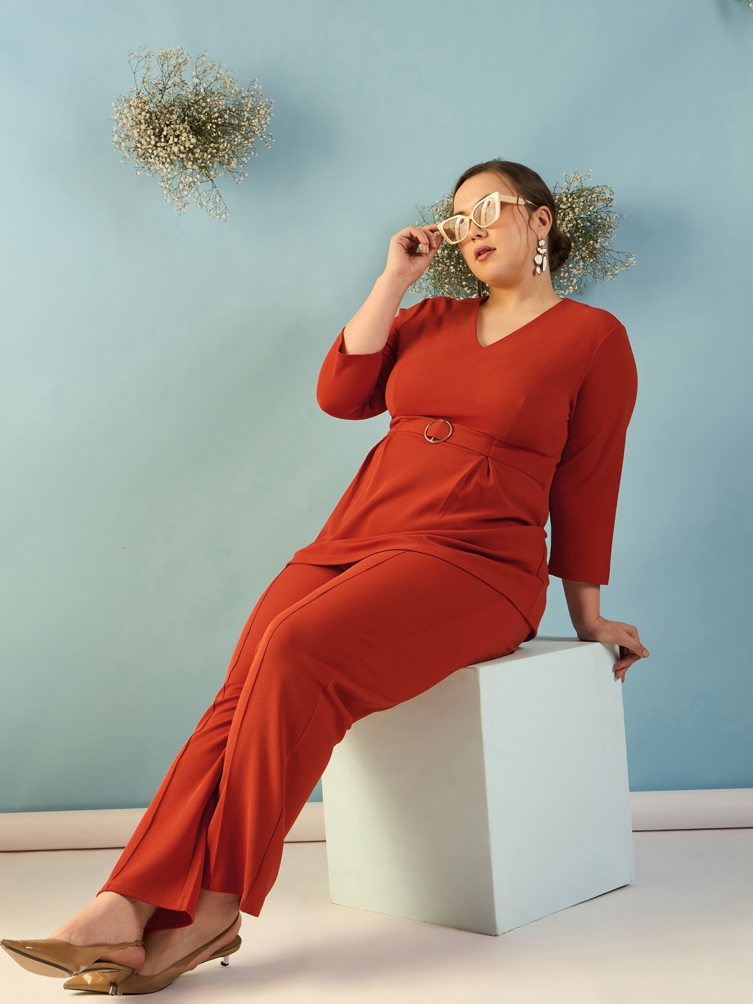 

KIBO CURVE Plus Size V Neck Peplum Top With Trousers, Rust