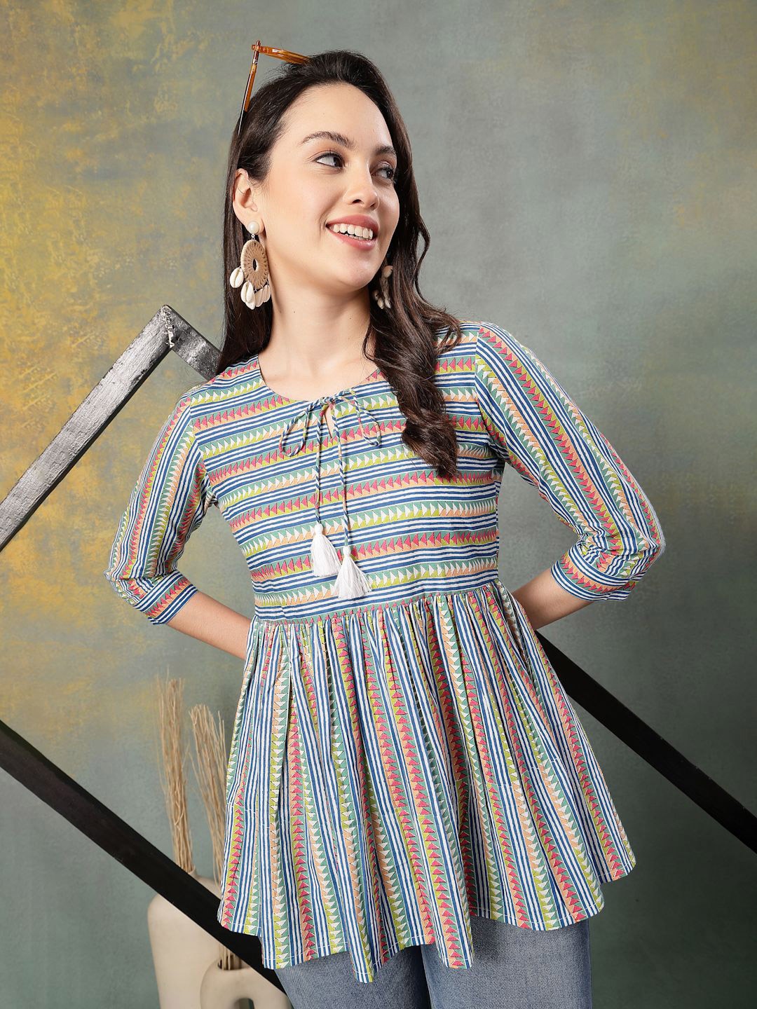 

God Bless Striped Keyhole Neck Cotton Peplum Top, Blue