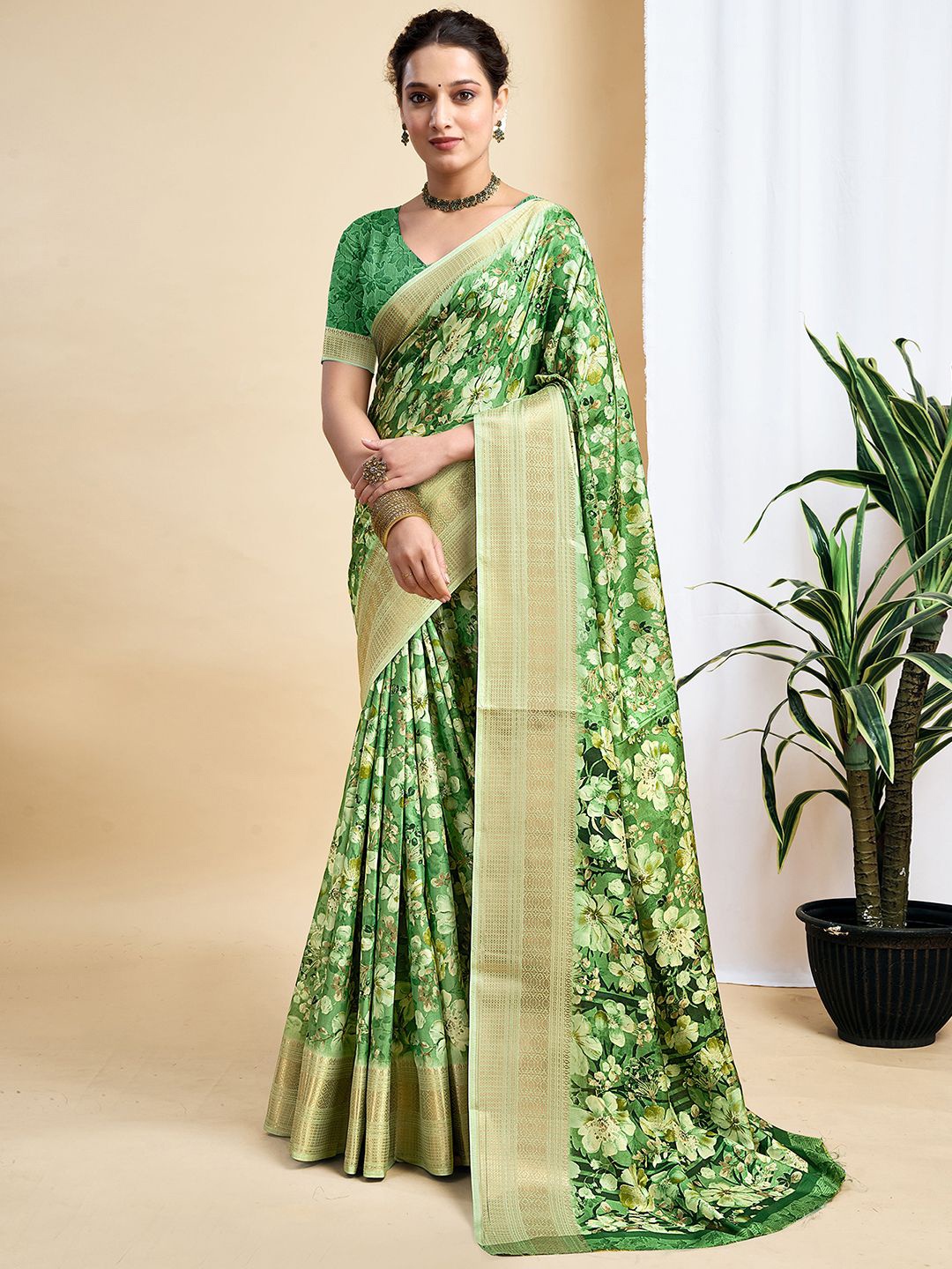 

all about you Floral Zari Silk Blend Tussar Saree, Green