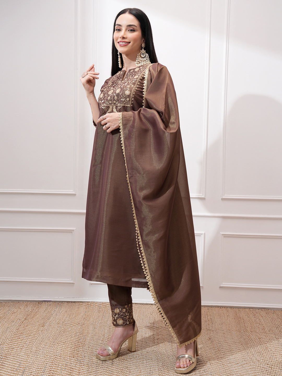 

Vishudh Women Ethnic Motifs Embroidered Regular Kurta with Trousers & With Dupatta, Brown