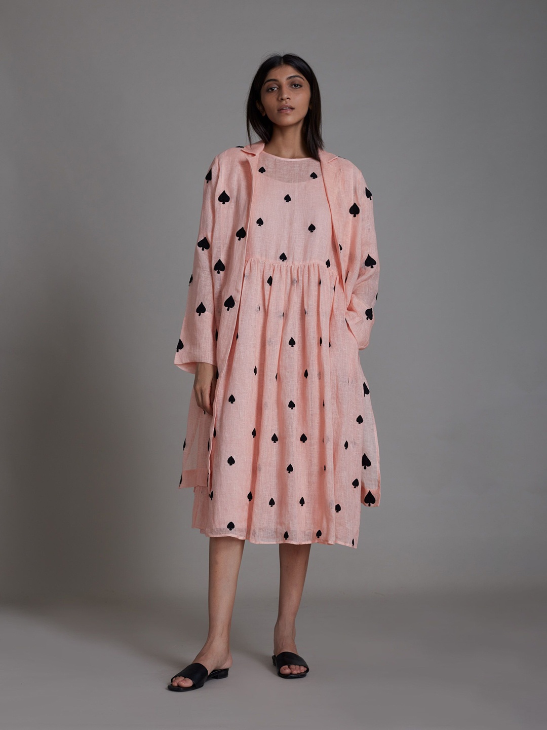 

MATI Quirky Printed Linen Fit & Flare Midi Dress With Shrug, Pink