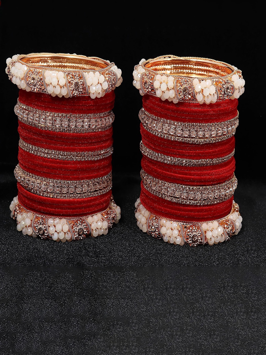

ZULKA Set Of 52 Zircon Studded & Beaded Velvet Bangles, Gold