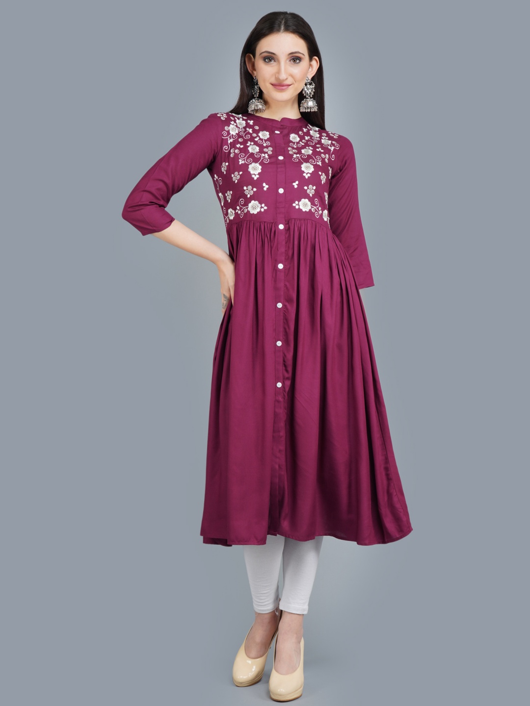 

PALSIYA PRESENTS Floral Embroidered Mandarin Collar Thread Work A-Line Kurta, Magenta