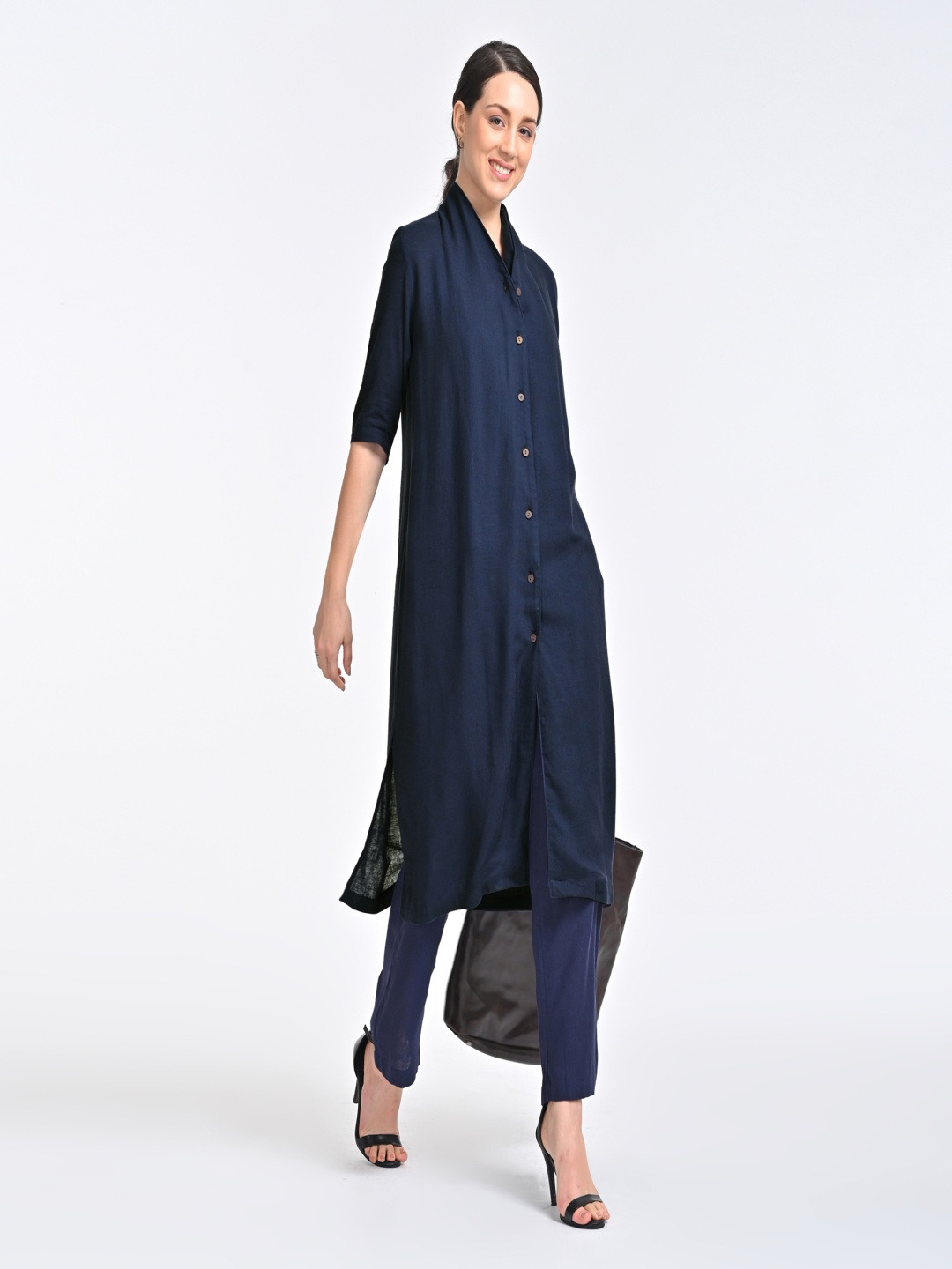 

Saltpetre Organic Cotton Long Shirt Jacket With Trouser Co-Ords Set, Navy blue