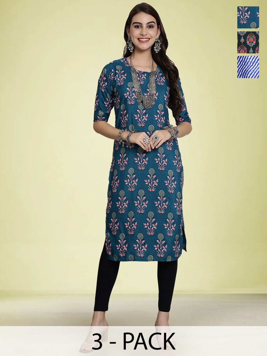 

Moda Rapido Selection Of 3 Floral Printed Round Neck Straight Kurtas, Blue