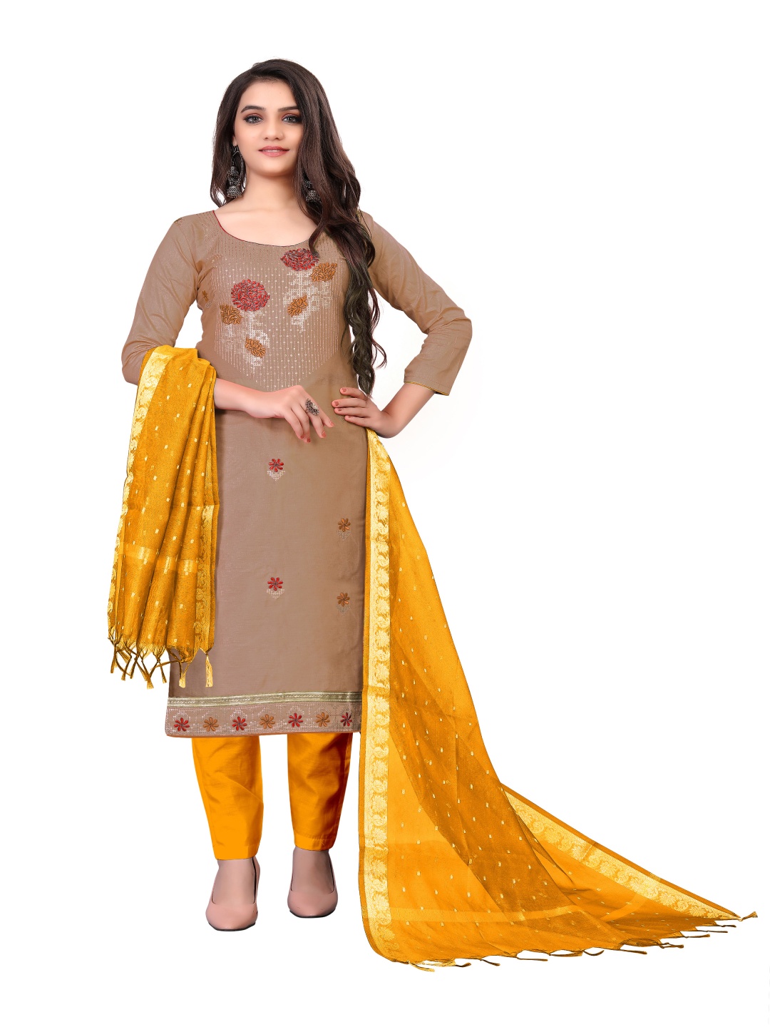 

HERE&NOW Floral Embroidered Thread Work Unstitched Dress Material, Brown