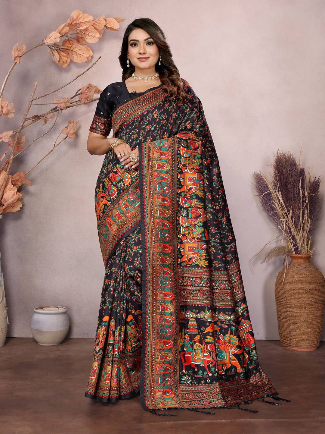 

Mitera Pashmina Silk Weaving Saree With Unstitched Blouse Piece, Black
