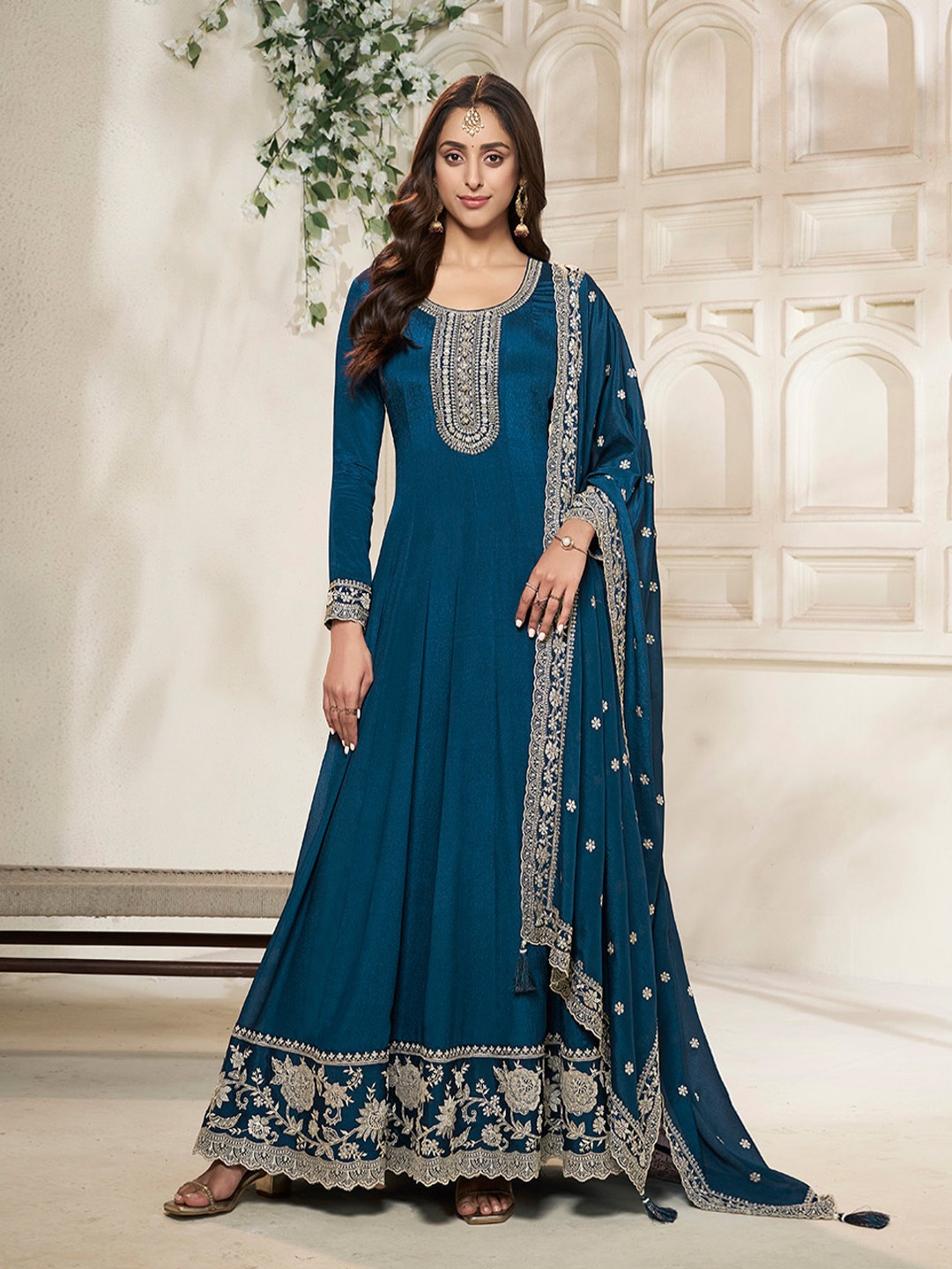 

Seerat Embroidered Sequined Fit and Flare Silk Ethnic Dresses With Dupatta, Blue