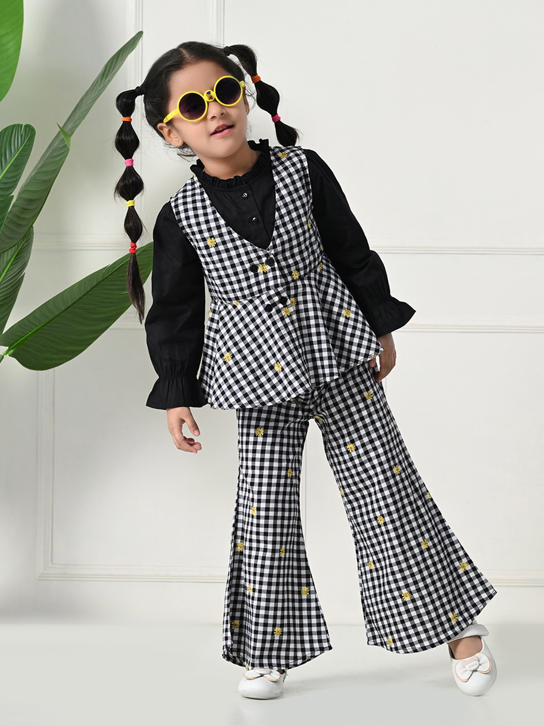 

Bella Moda Girls Printed Hight Neck Pure Cotton Top With Trousers, Black