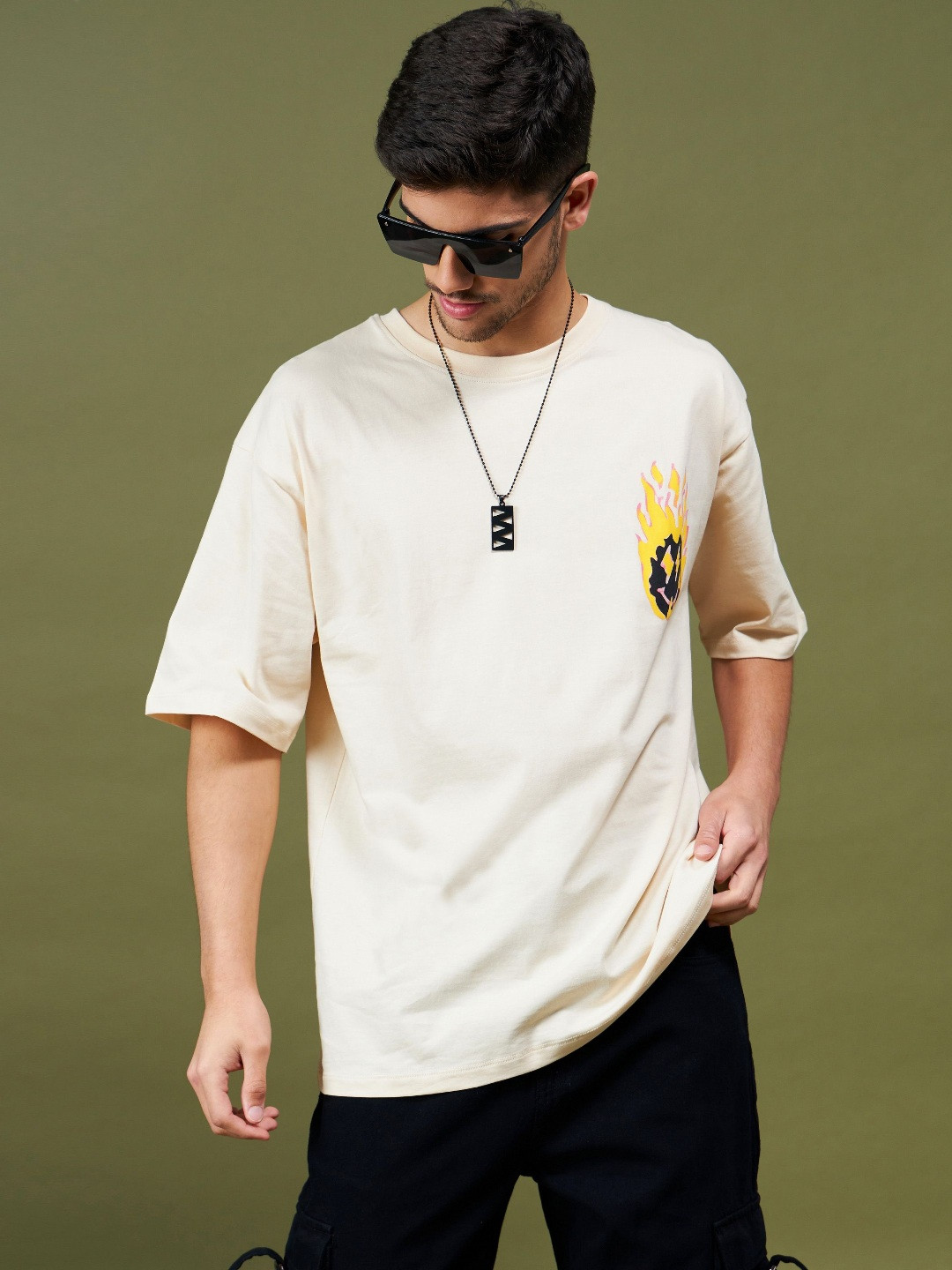 

MASCLN SASSAFRAS Unisex Typography Printed Pockets Boxy T-shirt, Beige