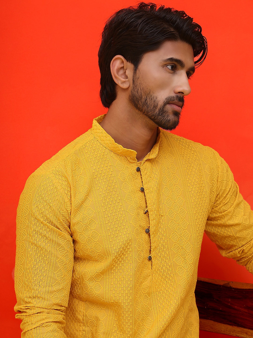 

Jompers Geometric Embroidered Mandarin Collar Chikankari Pure Cotton Straight Kurta, Mustard