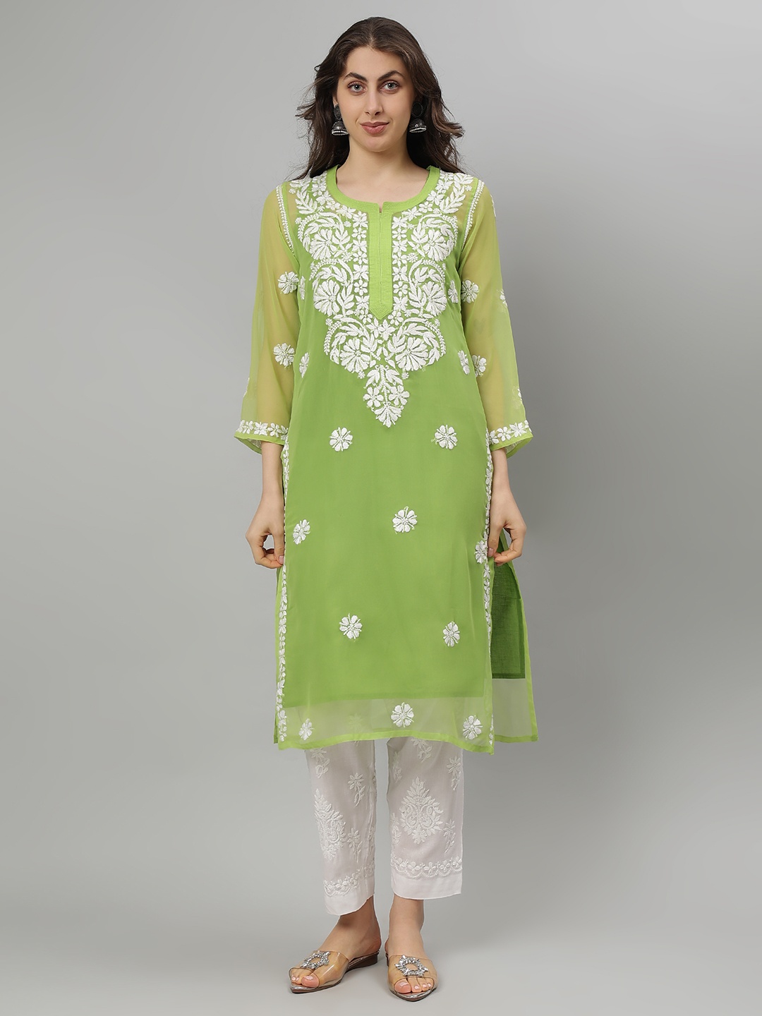 

Seva Chikan Floral Embroidered Notch Neck Georgette Lucknowi Chikankari Straight Kurta, Green