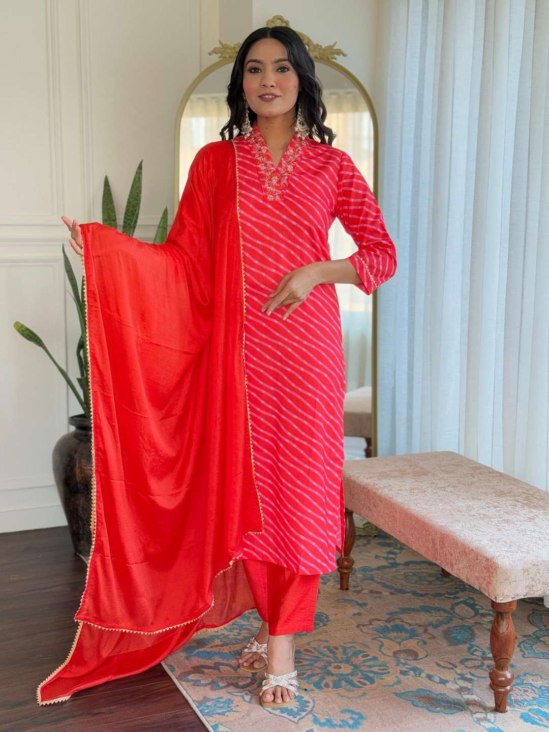 

THE52 Women Striped Regular Kurta with Trousers & With Dupatta, Orange