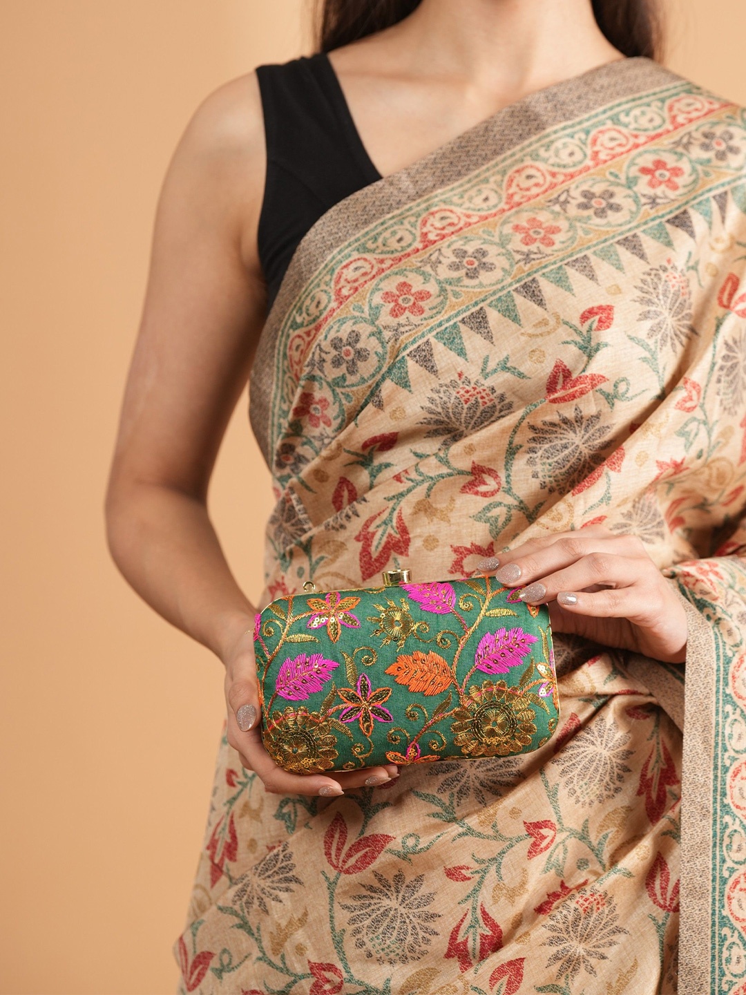 

Anouk Embroidered Embellished Wrist Loop Box Clutch, Green