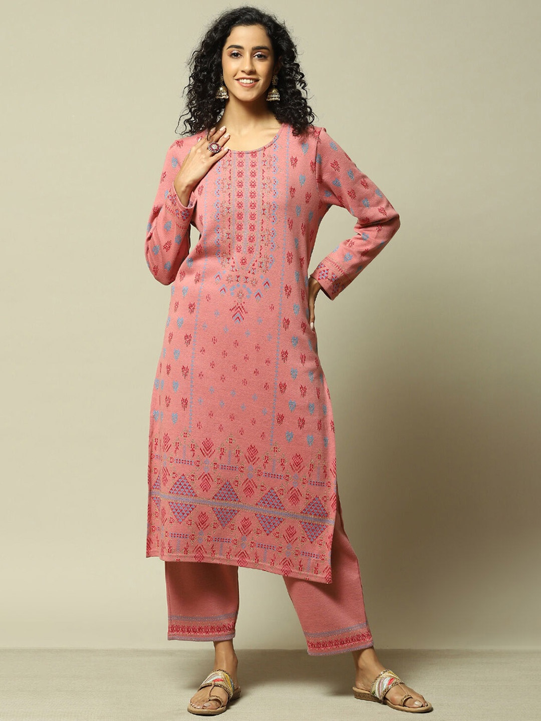 

Rangriti Women Regular Thread Work Kurta with Palazzos, Peach
