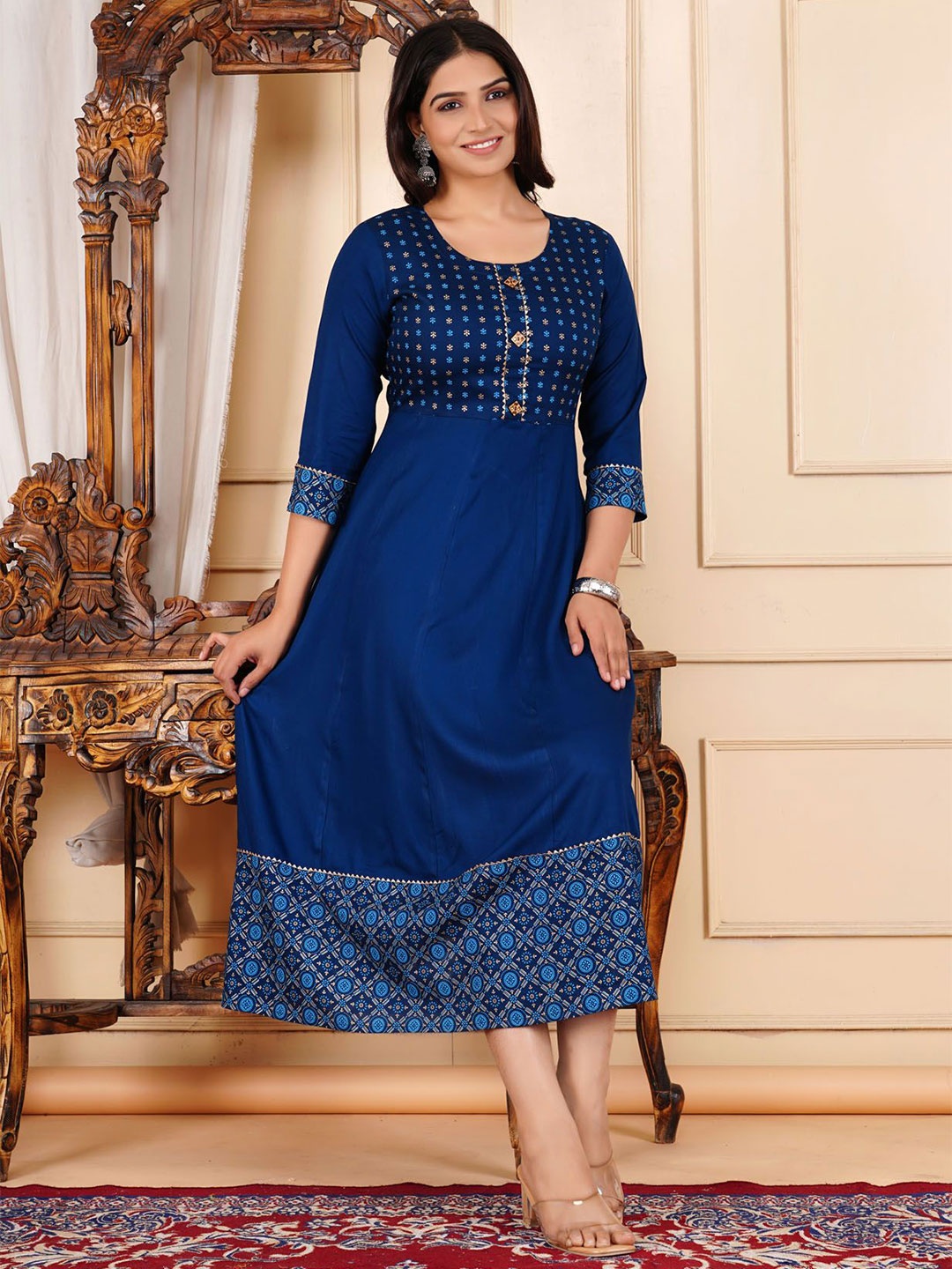 

L.H HANDICRAFTS Print A-Line Midi Dress, Blue