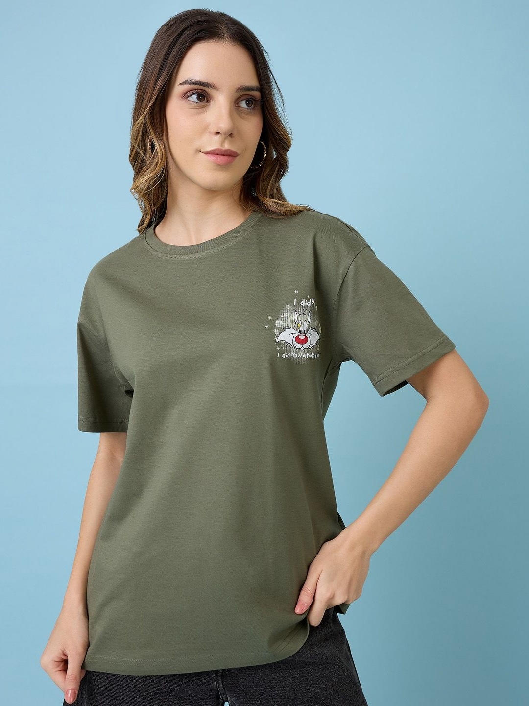

Kook N Keech Looney Tunes Women Printed Raw Edge T-shirt, Olive