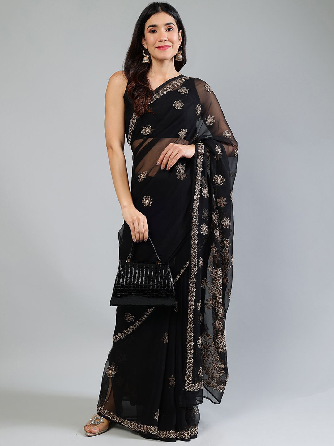 

Seva Chikan Floral Beads and Stones Poly Georgette Saree, Black