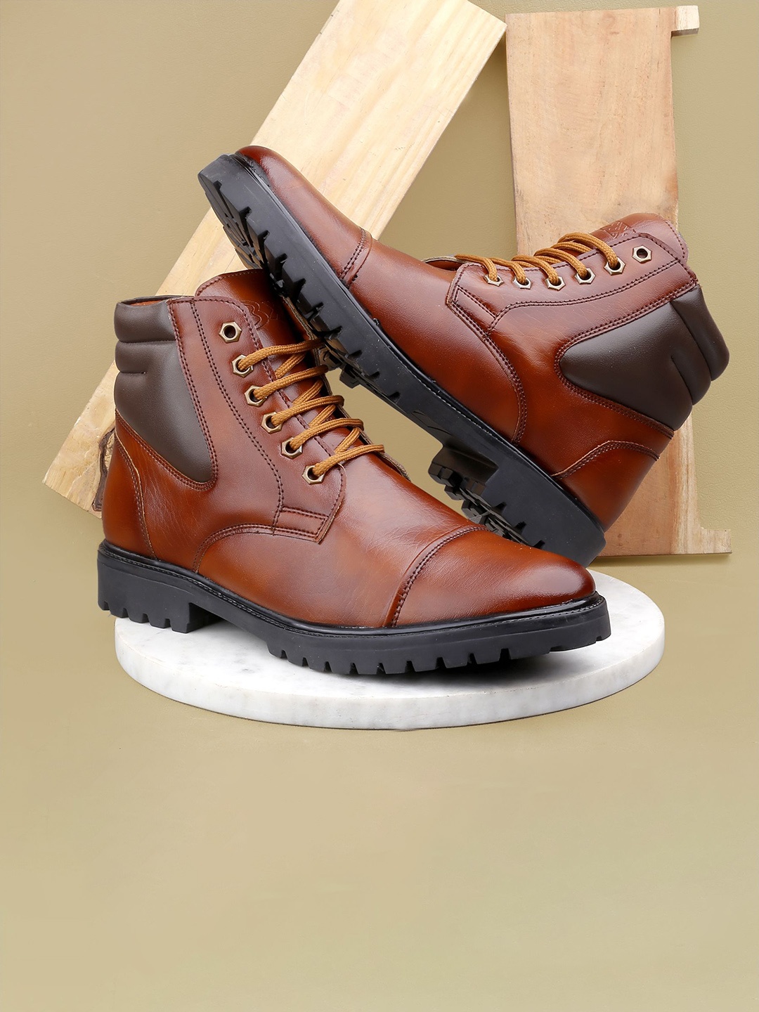 

riffway Men Lace-Up Block-Heeled Regular Boots, Brown