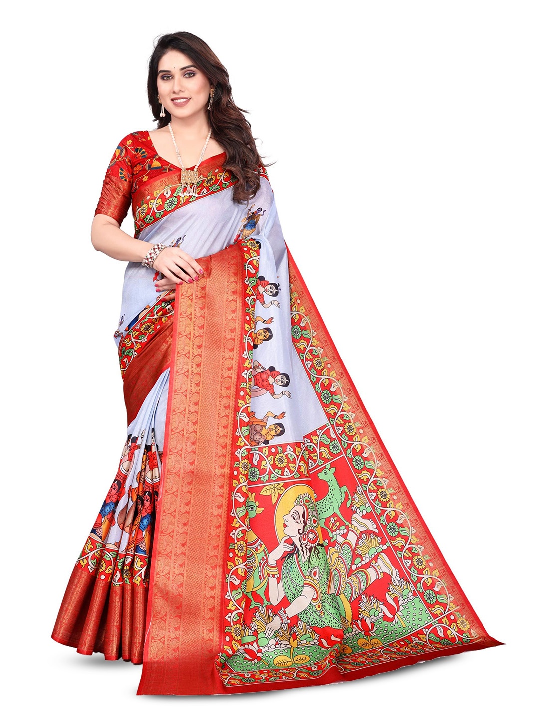 

MAGNEITTA Kalamkari Silk Blend Saree, Blue