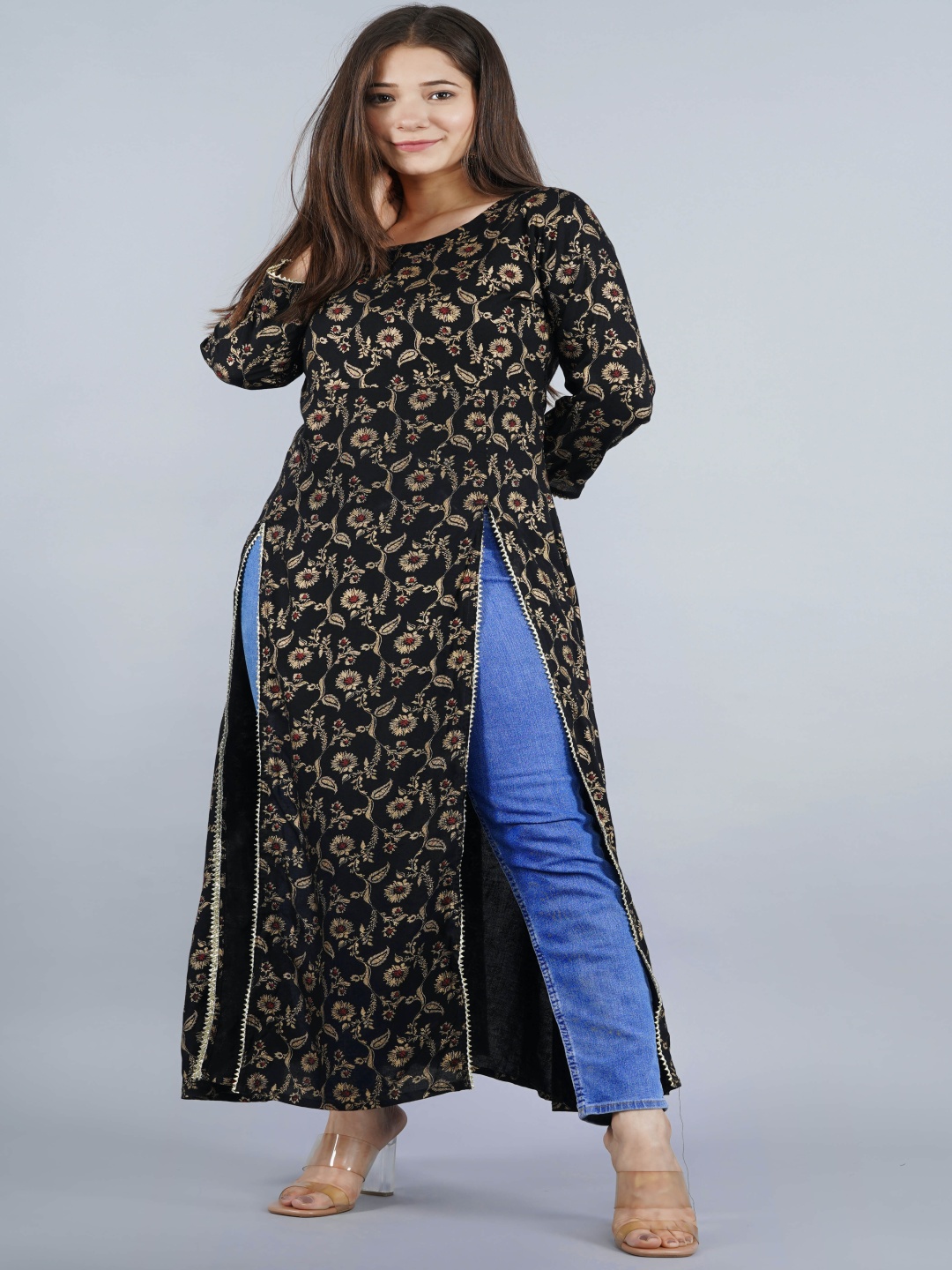 

Shedika Women Floral Printed Round Neck Straight Kurta, Black