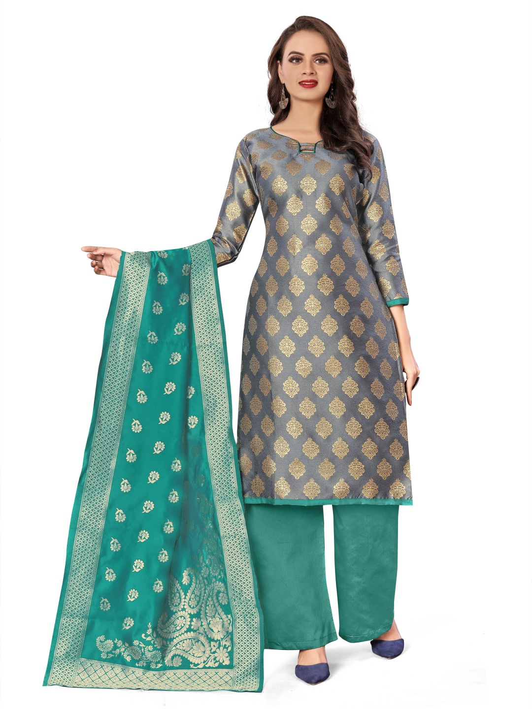 

HERE&NOW Ethnic Motifs Woven Design Banarasi Unstitched Dress Material, Grey