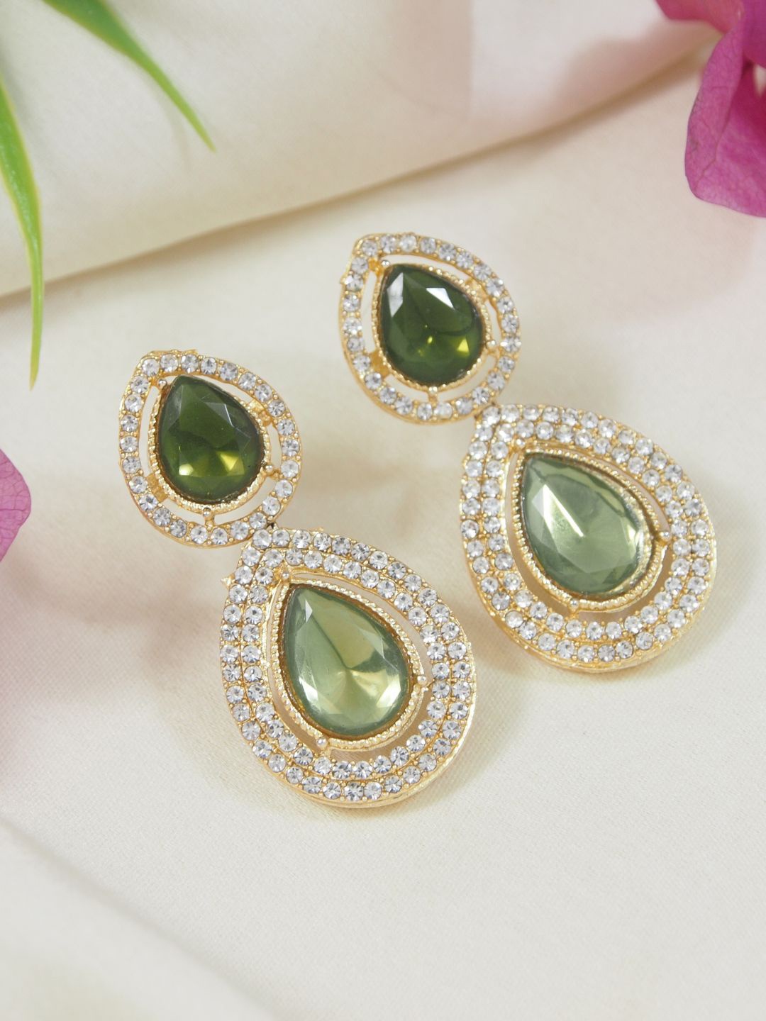 

I Jewels Gold-Plated Artificial Stones Studded Teardrop Shaped Drop Earrings