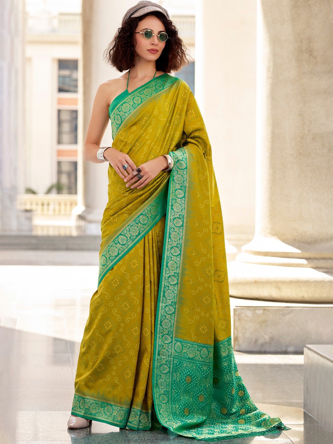 

MySilkLove Corn Harvest Green Woven Banarasi Bandhani Soft Silk Saree
