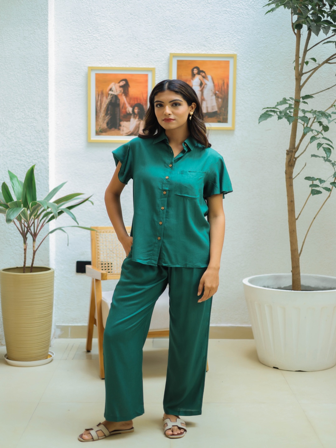 

Label Reyya Pure Cotton Shirt With Trousers, Green