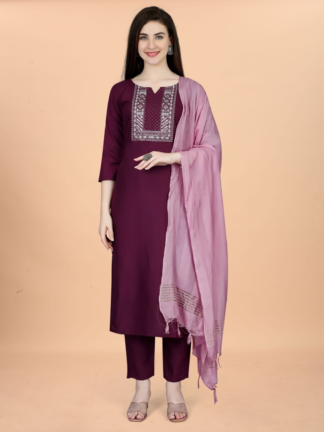

Fashion FRICKS Women Ethnic Motifs Yoke Design Regular Thread Work Kurta with Palazzos & With Dupatta, Purple