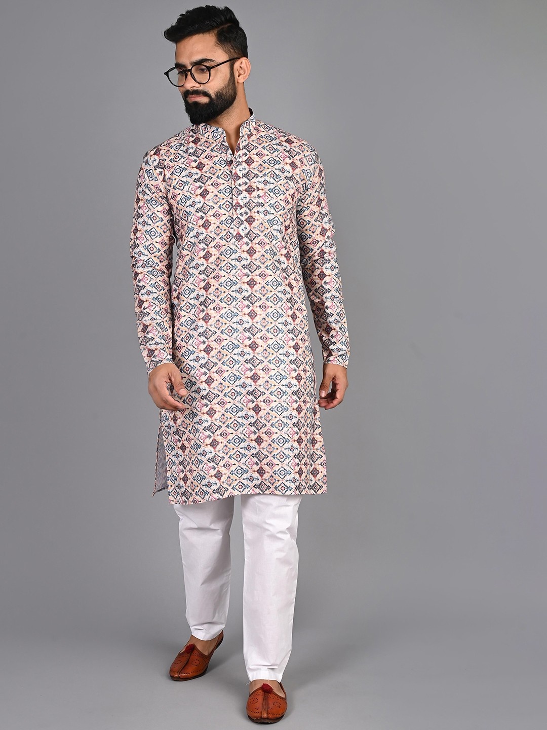 

PulseIQ Geometric Printed Cotton Mandarin Collar Straight Kurta, Beige