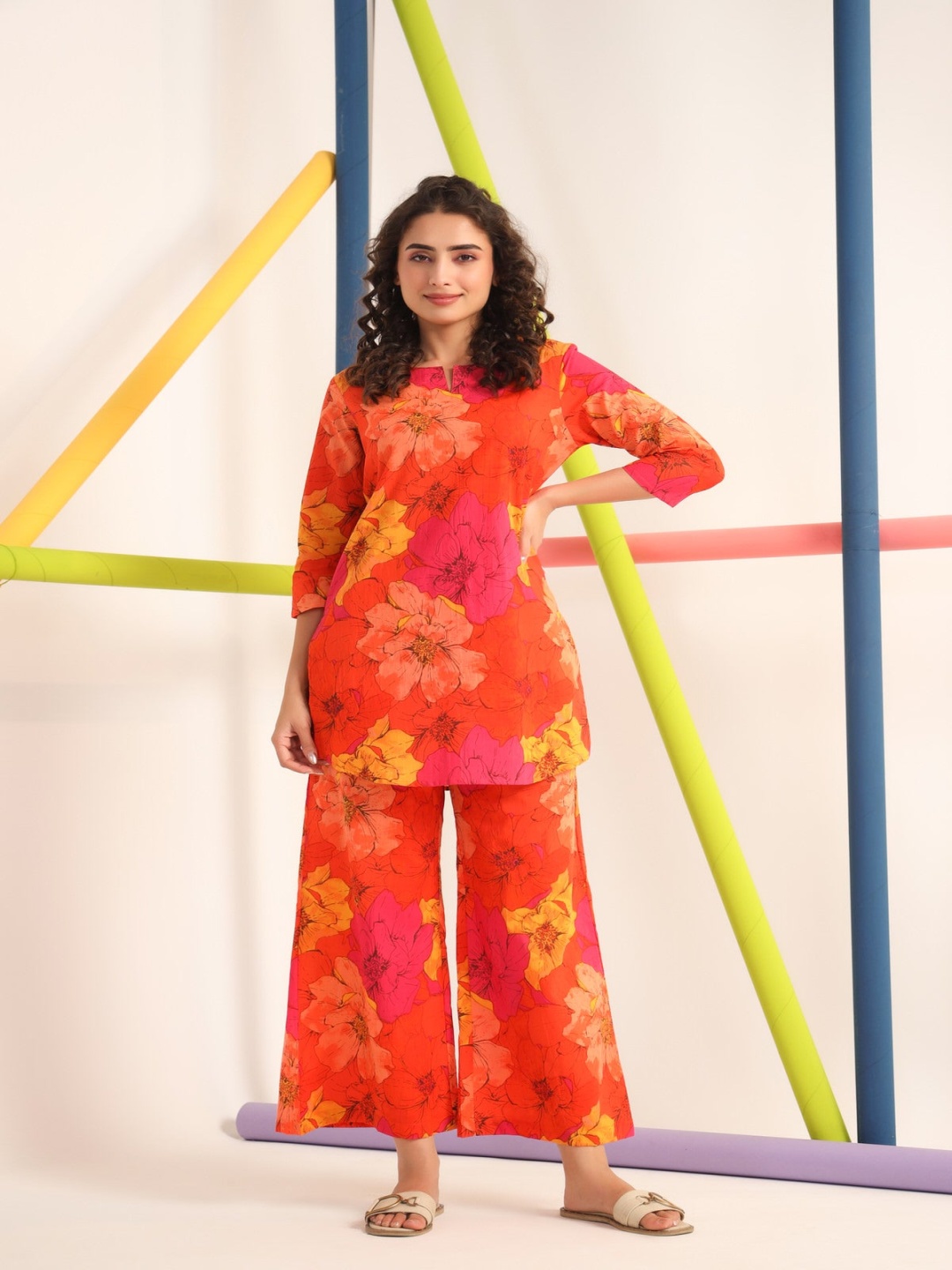 

Moda Rapido Floral Printed Notch Neck Tunic With Palazzos, Red