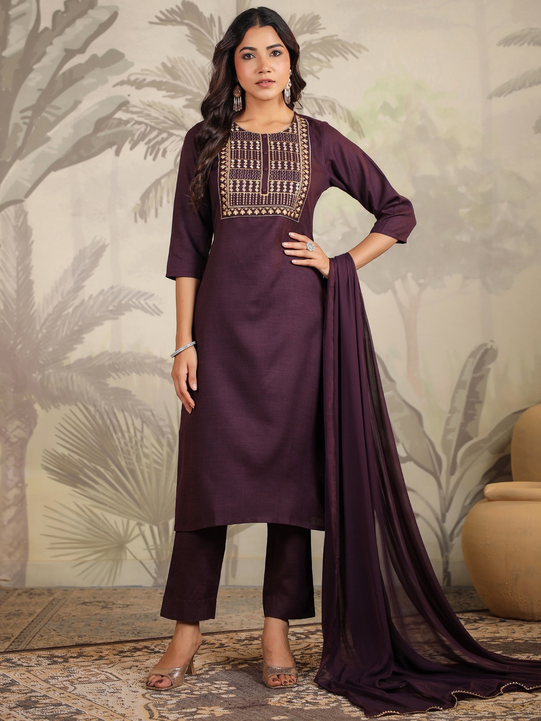 

KALINI Women Floral Embroidered Regular Pure Cotton Kurta with Trousers & With Dupatta, Purple