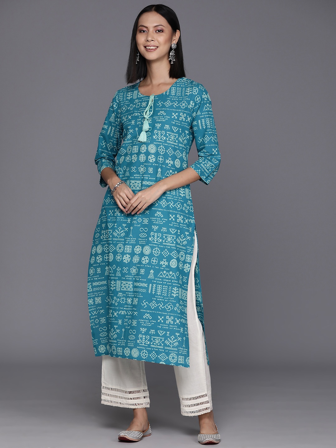 

KSUT Ethnic Motifs Printed Keyhole Neck Cotton Straight Kurta, Blue